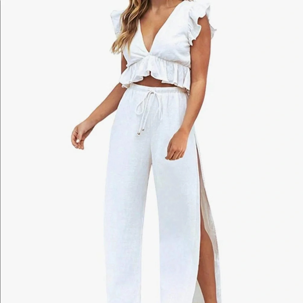 White two piece cropped top & side slit pant set - Picture 1 of 8
